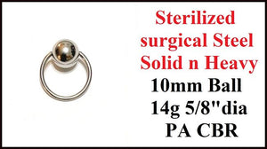 Sterilized Surgical Steel 14g 5/8" dia 10mm dia Solid n Heavy Ball PA CBR.