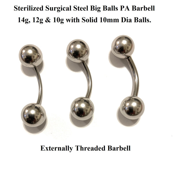 STERILIZED Surgical Steel 14g to 10g 5/8" with Big 10mm Balls PA Barbells.