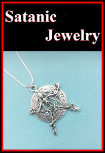 Large Antique Silver Pentagram with Crucified Skeleton Charm Necklace.
