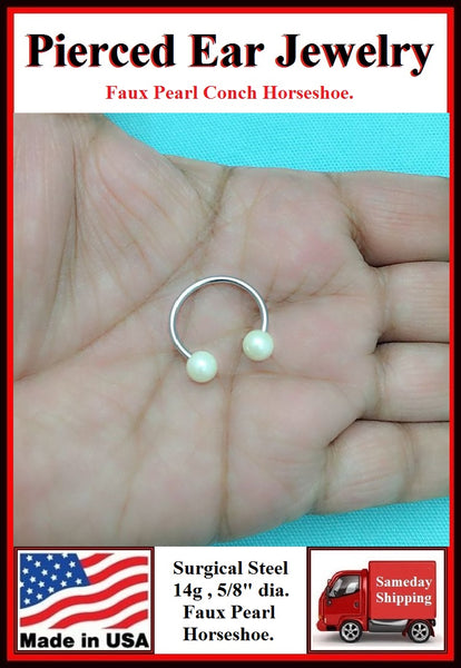 Sterilized Surgical Steel CONCH Faux Pearl Horseshoe.