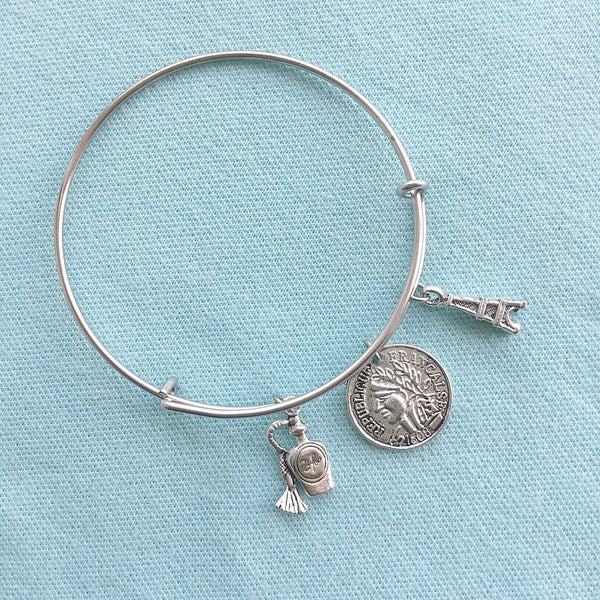 French Coin & 2 Charms Silver Adjustable Bangle Bracelet.