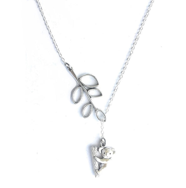 Koala Bear with Branch Silver Lariat Y Necklace.