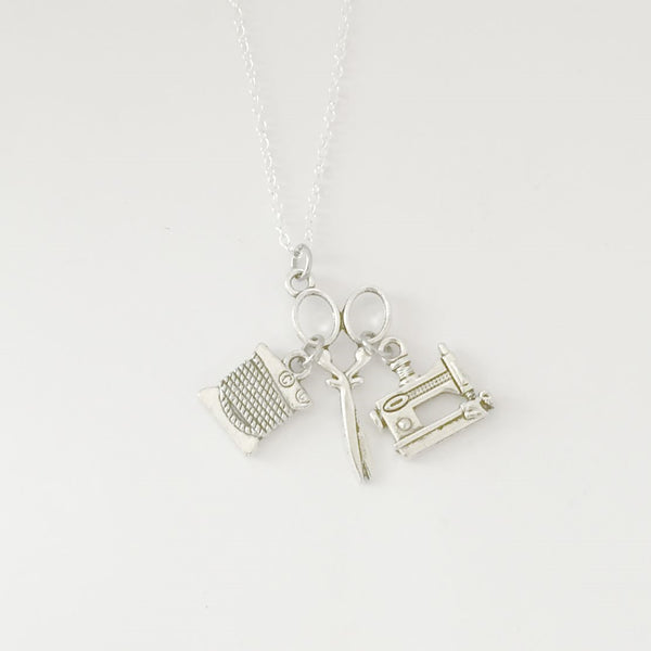Seamstress Cluster Charm Silver Necklace.