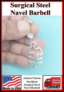 Autism Hallow Puzzle Silver Charm Surgical Steel Belly Ring.