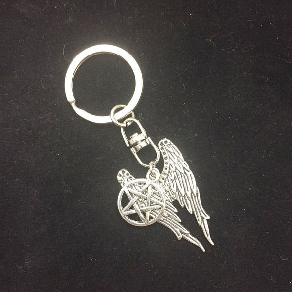 Silver Large Angel wings with Pentagram Charm Key Ring.