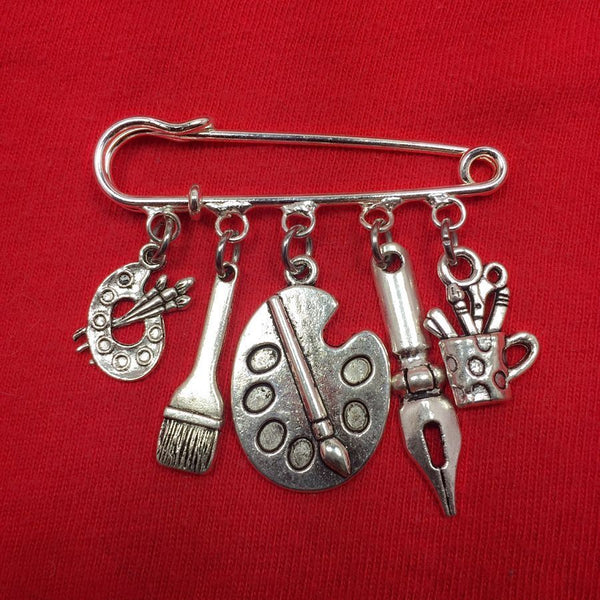Easy on/off Brooch with 5 Artist related Silver Charms, Artist Writer Gift