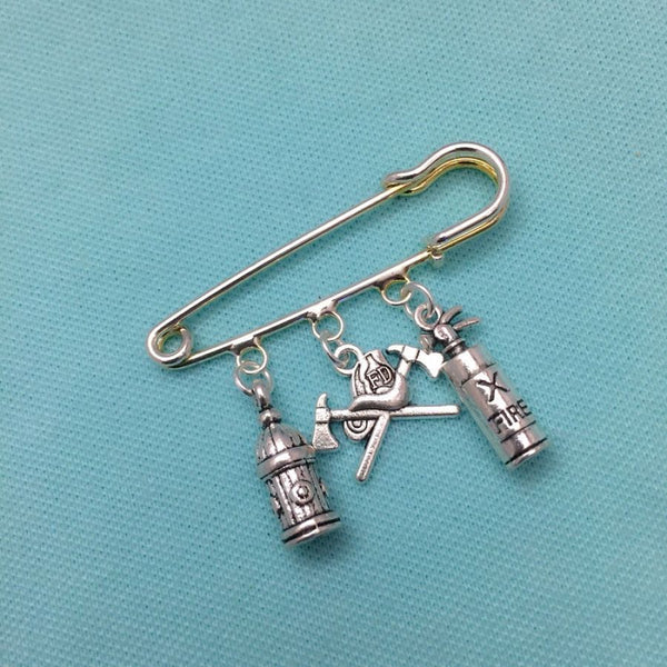 Firefighter Theme Silver 3 Charms easy on/off Brooch.