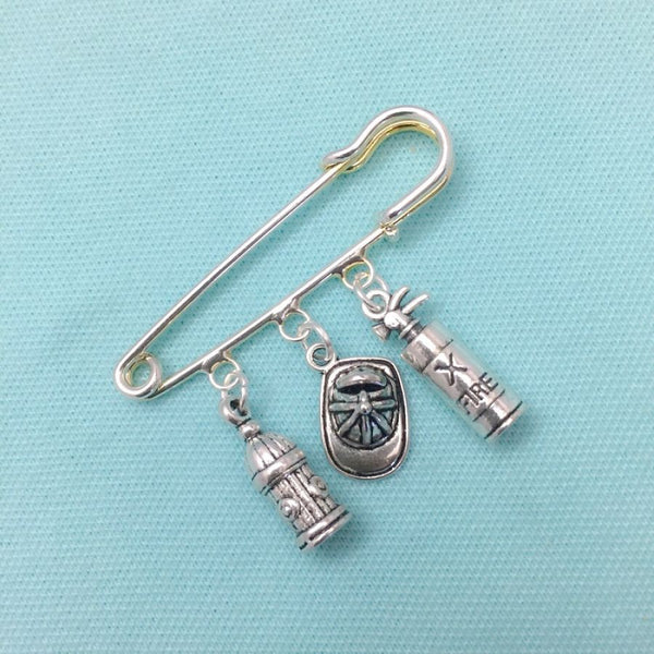 Firefighter Theme Silver Alloy 3 Charms easy on/off Brooch.