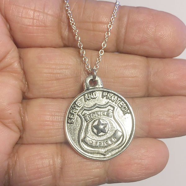Saint Michael Protect and Serve Silver Tone Charm Necklace.