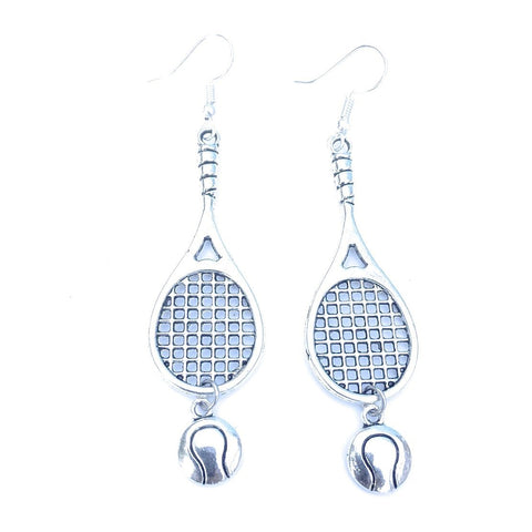 Gorgeous Large Tennis Racket with Tennis Ball Silver Dangle Earrings.