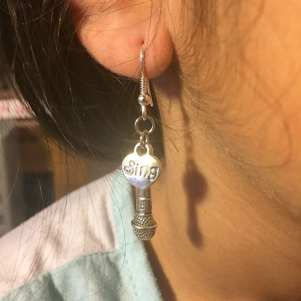 Singer Microphone and Sing Silver Dangle Earrings.