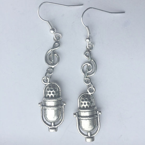 Studio Microphone and Music Note Silver Dangle Earrings.