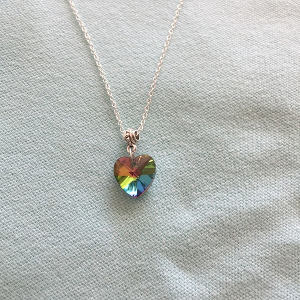 Beautiful and Colorful Rainbow Crystal Heart Charm Silver Necklaces.