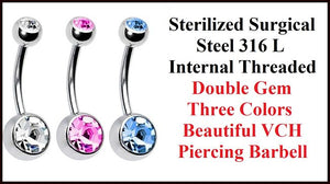 Sterilized Surgical Steel 316L INTERNALLY THREADED Double Gem VCH Barbell.
