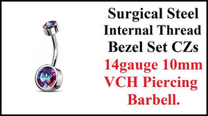 Surgical Steel INTERNALLY THREADED Vitrail Medium Bezel Set CZs VCH Barbell.