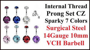INTERNALLY THREADED Surgical Steel PRONG SET CZ 7 Colors VCH Barbell.