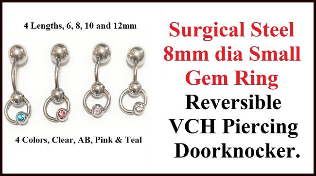 4 Colors & 4 Lengths: Surgical Steel Small Gem Ring REVERSIBLE VCH Doorknocker with Heavy bottom ball.