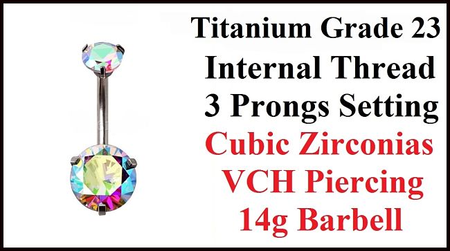 Titanium Grade 23 INTERNALLY THREADED AB Prong Set CZs VCH Barbell.