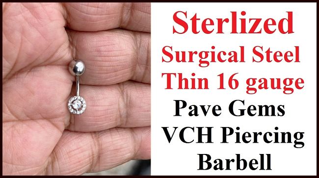 Sterilized Surgical Steel THIN 16g CZ Gem with Pave CZs VCH Piercing Barbell.