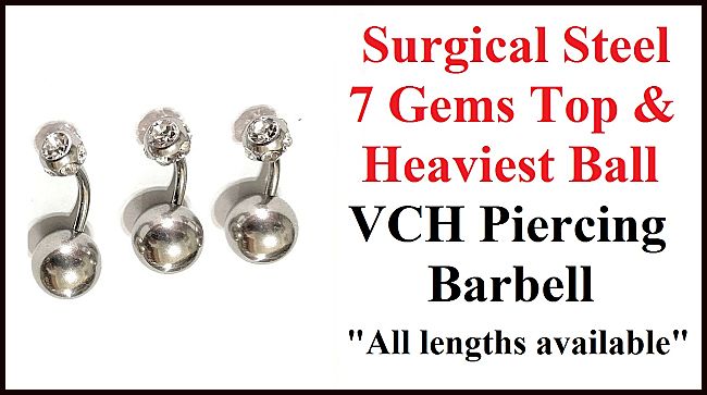 All Lengths Available. 7 Gem Top with Heaviest Ball Surgical Steel VCH Barbell.