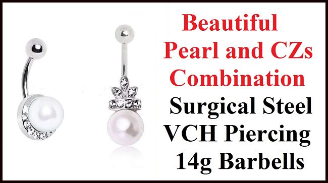 Sterilized Surgical Steel with CZs & Faux PEARL 14g VCH Barbell.