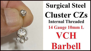 Sterilized Surgical Steel Internally Threaded Beautiful Cluster 4CZs VCH Barbell.
