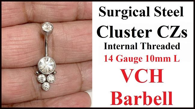 Sterilized Surgical Steel Internally Threaded Beautiful Cluster CZs VCH Barbell.