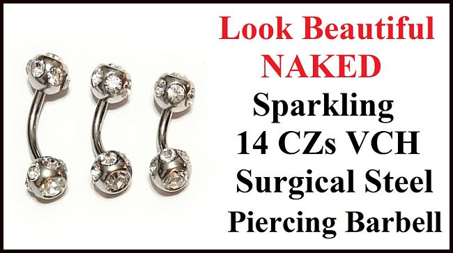 Look Beautiful Naked; ADORN Your Vertical Hood Piercing with 14CZs Barbell.