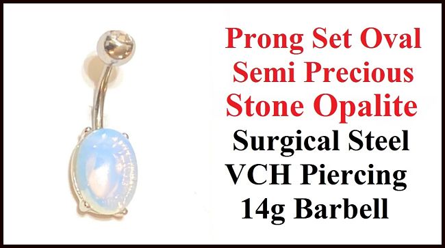 Sterilized Surgical Steel Prong Set Oval Opalite Stone 14g VCH Barbell.