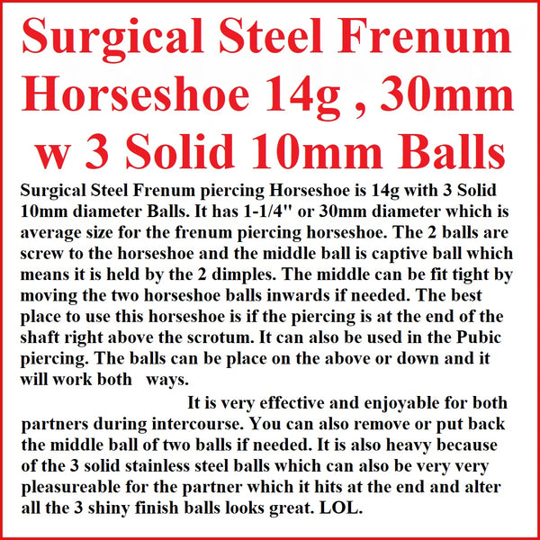 Stainless Steel 14g 1-1/4" Inch Diameter with 3X10mm Balls Frenum Horseshoe.