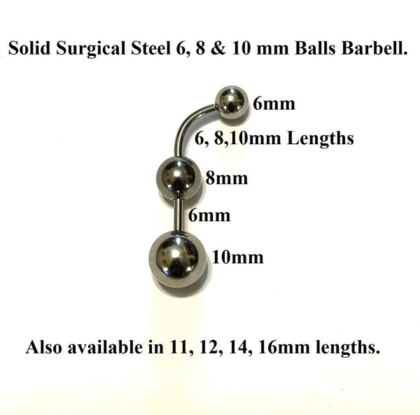 Solid Surgical Steel 6, 8 & 10mm Balls VCH Barbell. All length available.