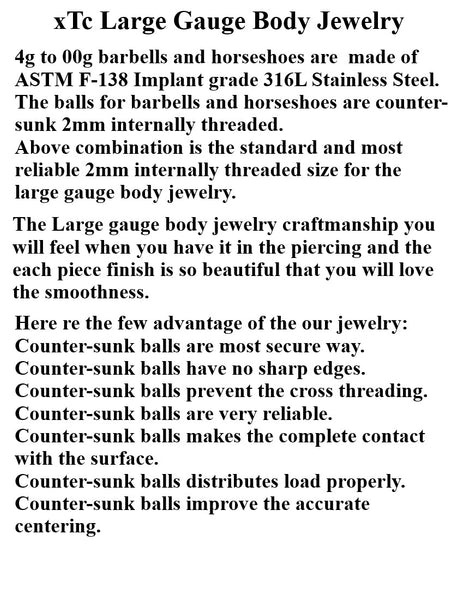 Sterilize ASTM Implant Grade 316L Surgical Steel Internal Threads Counter-Sunk Balls 4g-00g PA Horseshoes.
