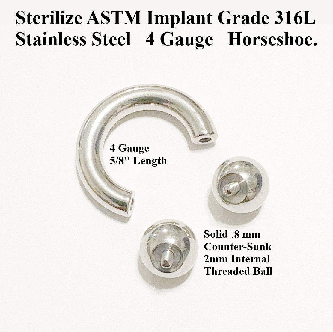 Sterilize ASTM Implant Grade 316L Surgical Steel Internal Threads Counter-Sunk Balls 4g-00g PA Horseshoes.
