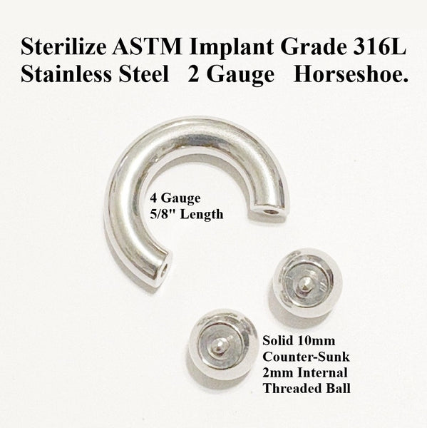 Sterilize ASTM Implant Grade 316L Surgical Steel Internal Threads Counter-Sunk Balls 4g-00g PA Horseshoes.