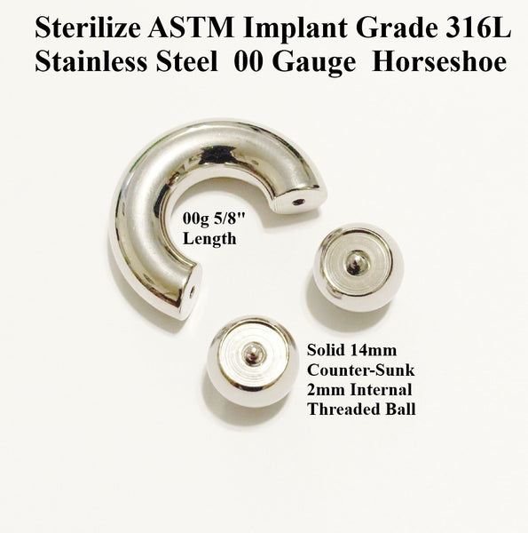 Sterilize ASTM Implant Grade 316L Surgical Steel Internal Threads Counter-Sunk Balls 4g-00g PA Horseshoes.