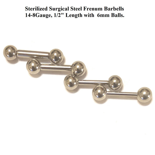 Sterilized Surgical Steel 14, 12, 10 & 8g 1/2" Length 8mm Ball FRENUM BARBELL.