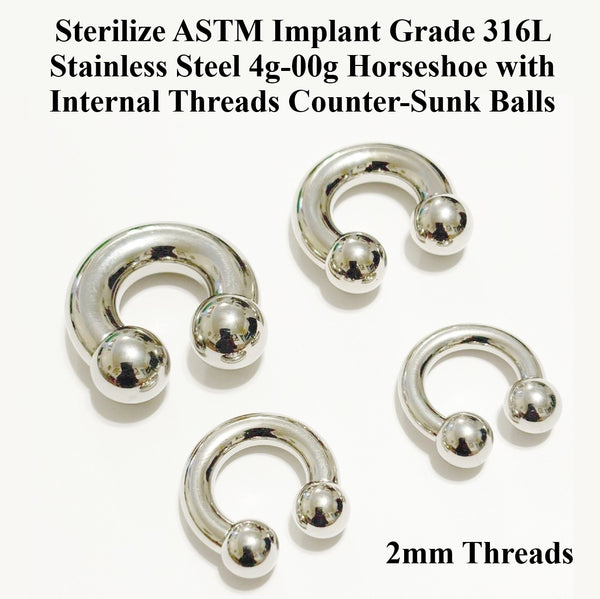 Sterilize ASTM Implant Grade 316L Surgical Steel Internal Threads Counter-Sunk Balls 4g-00g PA Horseshoes.