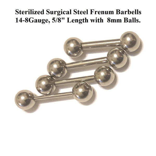 Sterilized Surgical Steel 14, 12, 10 & 8g 5/8" Length 8mm Ball FRENUM BARBELL.
