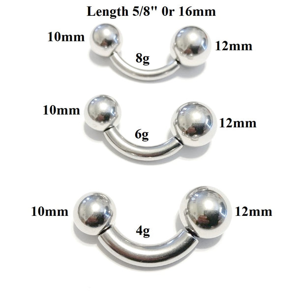 Surgical Steel 8, 6 & 4g 5/8" w SOLID 10 & 12mm Balls PA Barbells.