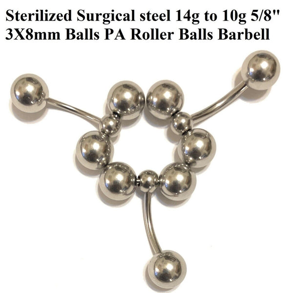 STERILIZED Surgical Steel 14g to 10g 5/8" 3X8mm Balls PA ROLLER BALLS Barbells.