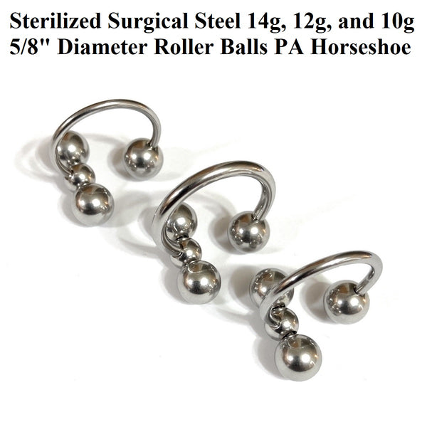STERILIZED Surgical Steel 14g to 10g 5/8" 8mm Balls PA ROLLER BALLS Horseshoe.