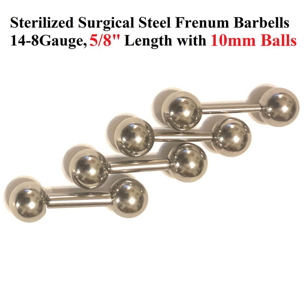 Sterilized Surgical Steel 14, 12, 10 & 8g 5/8" Length 10mm Ball FRENUM BARBELL.