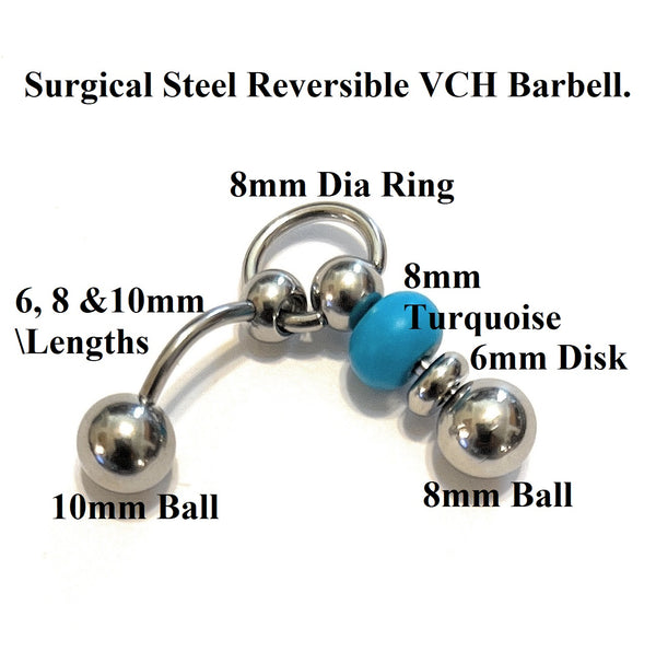 Sterilized Surgical Steel 14g Turquoise Reversible VCH Barbell.