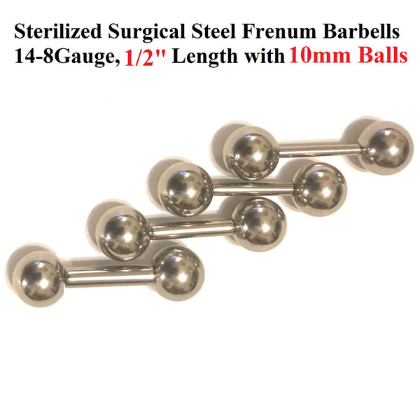 Sterilized Surgical Steel 14, 12, 10 & 8g 1/2" Length 10mm Ball FRENUM BARBELL.