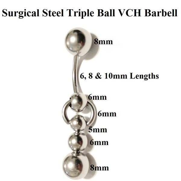 Surgical Steel TRIPLE BALLS Reversible Door Knocker for VCH Piercing.