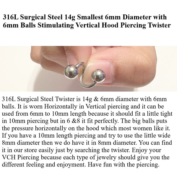 Smallest STIMULATING VCH TWISTER 14g ONLY 6mm Diameter and 6mm Balls Sterilized Surgical Steel.