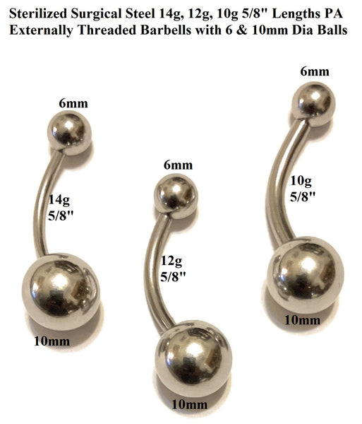 STERILIZED Surgical Steel 14g to 10g 5/8" with 6 & 10mm Balls PA Barbells.
