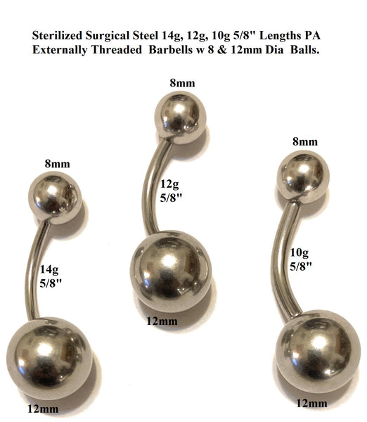 STERILIZED Surgical Steel 14g to 10g 5/8" with 8 & 12mm Balls PA Barbells.