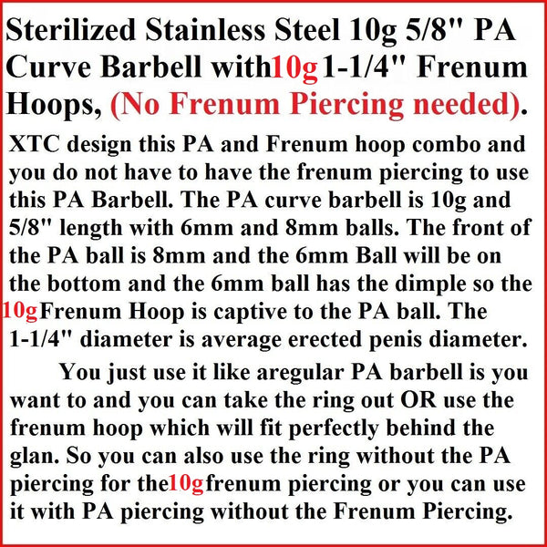 NO FRENUM PIERCING NEEDED; Sterilized 10g, 5/8" 10 PA Barbell w 10G Frenum Hoop.