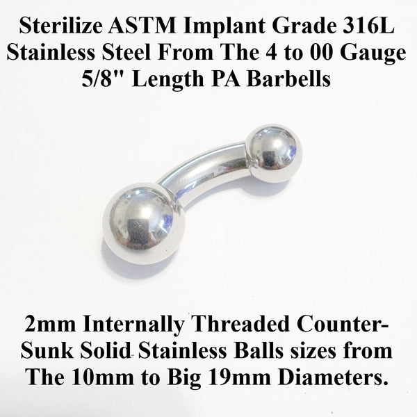 Sterilize ASTM Implant Grade 316L Surgical Steel Internal Threads Counter-Sunk Balls 4-00g PA Barbells.